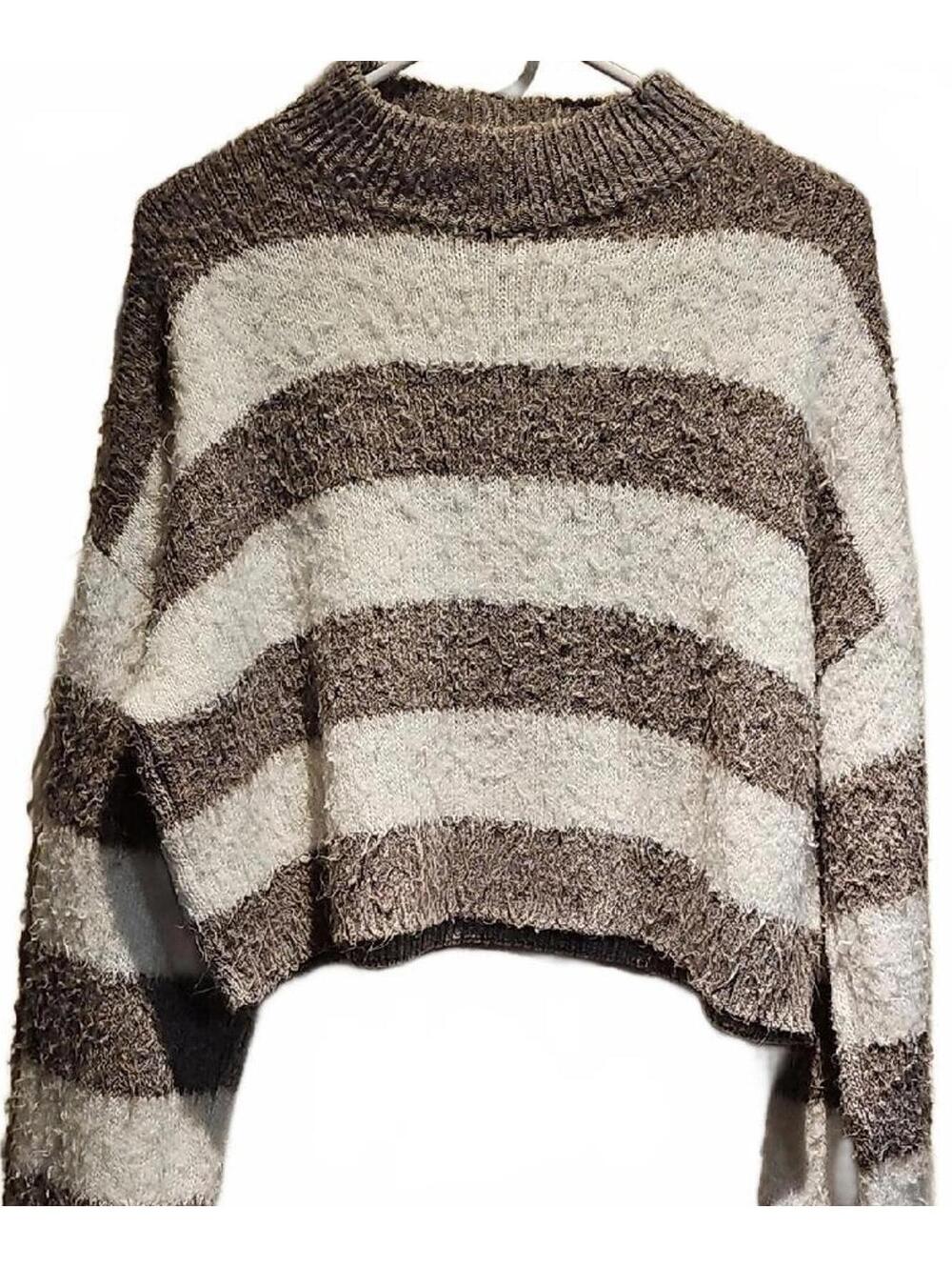 Express Striped Brown and Cream Cropped Sweater Size M